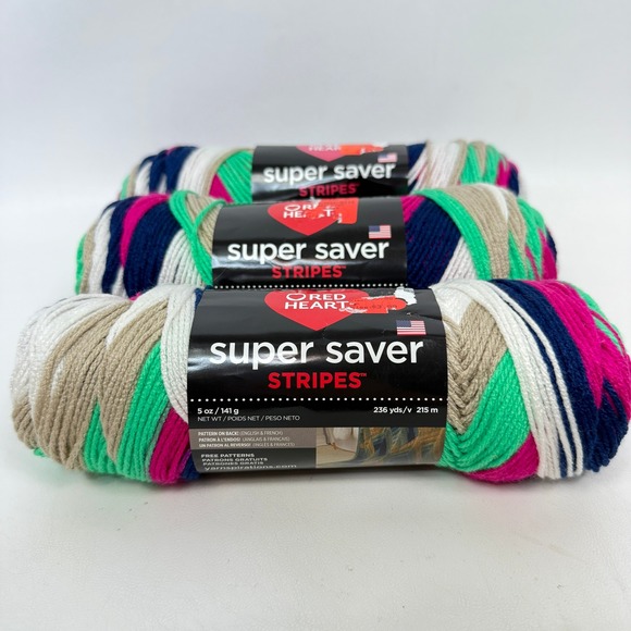 Red Heart Super Saver Stripes Yarn Derby Stripe 3 Skeins Knitting Crochet - Picture 2 of 8
